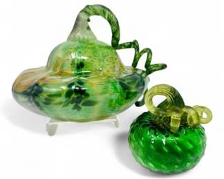 42 Setof2HandBlownGreenArtGlassGourdsSwirledStems