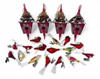 24 4MetalBirdhouses16BlownGlassBirdOrnamentsFeatheredFun