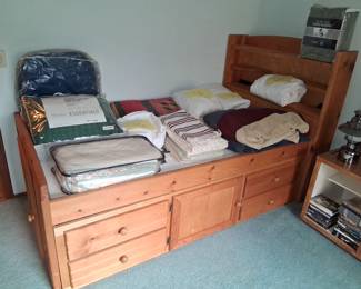 Handmade twin bed.  linens and comforters