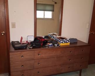 Stanley Mid century chest of drawers with bow tie , handles and mirror