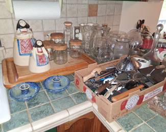 Vintage kitchen cookie jars utensils etc