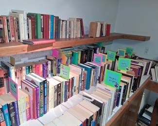 both modern and classic literature, with titles such as "The Divine Comedy" and works by authors like James Baldwin and Agatha Christie visible