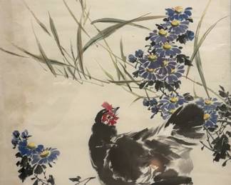 After Wang Xuetao (Chinese, 1903-1982) Ink Painting - "Rooster" | Black and white ink painting of a rooster and flowers, which is a common subject in Chinese art.  "Ink and wash" painting ("guó huà")
Framed (gold) and matted (cream-colored)
Signed by artist (upper right): Red seal
Titled by artist: N/A
Numbered by artist: N/A - h. 32.5 x w. 24 in (Frame)