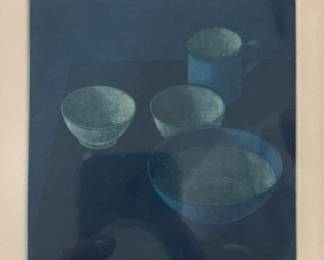 Joop Vegter (Danish, 1931-2017) Mezzotint - "Bowls & Mug at Twilight" | Darkened kitchen table with bowls and mugs in the foreground. 
Mezzotint
Framed (wood) and matted (white)
Signed by artist (bottom left): "Joop Vegter"
Titled by artist (bottom left): "Bowls & Mug at Twilight"
Numbered by artist (bottom right): "21/75"