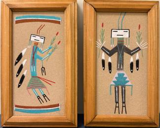 (2pc) Navajo Sand Paintings - "Yei" | Navajo sand painting (possibly reproductions) featuring "Yei" figures, spiritual deities depicted to restore balance and harmony during ceremonial rituals. - h. 10 x w. 5.5 in
