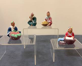 (4pc) Egyptian Clay Figurines | Vintage Egyptian hand-sculpted clay figurines, depicting every day scenes such as vendors with baskets of goods at the market or a woman hand-washing clothes in a basin.