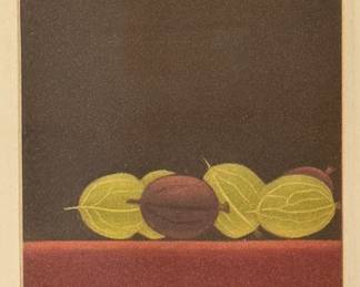 Joop Vegter (Danish, 1931-2017) Mezzotint - "Gooseberries" | Gooseberries on a dark background.
Mezzotint
Framed (wood) and matted (white)
Signed by artist (bottom left): "Joop Vegter"
Titled by artist (bottom left): "Gooseberries"
Numbered by artist (bottom right): "1/75" - h. 9.5 x w. 9.5 in