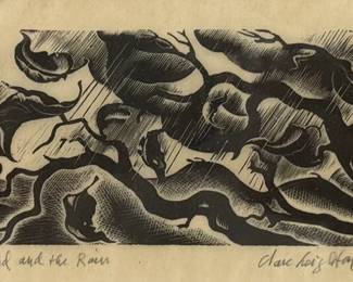 Clare Leighton (British-American, 1894-1989) Engraving - "The Wind and the Rain" | Black and white art depicts a stylized landscape with large, twisting tree branches and leaves being blown by the wind and rain.
Engraving.
Framed (silver) and matted (white)
Signed by artist (bottom right):" Clare Leighton'
Titled by artist (bottom left): "The Wind and the Rain"
Numbered by artist (bottom left): "35/60" -  h. 7.5 x w. 10 in (Frame)