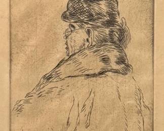 Grant Reynard (American, 1887-1968) - "Woman's Back" | Portrait of the posterior side of a woman wearing an overcoat and glasses, with her hair tied up in a chignon. 
Etching
Framed (gold) and matted (cream-color)
Signed by artist (bottom right):"Grant Reynard, A.N.A."
Titled by artist: N/A
Numbered by artist: N/A