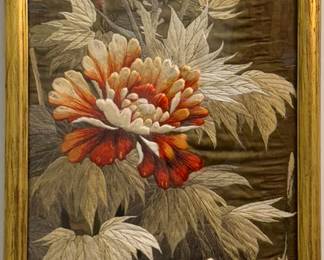 Chinese Silk Embroidered Panel - Flowers | Antique (19th century) framed Chinese silk embroidery panel, of rich red flowers and earthy green leaves.  - h. 36 x w. 14.5 in (Frame)