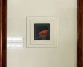 Joop Vegter (Danish, 1931-2017) Mezzotint - "Strawberry" | Strawberry on a dark background.
Mezzotint
Framed (wood) and matted (white)
Signed by artist (bottom left): "Joop Vegter"
Titled by artist (bottom left): "Strawberry"
Numbered by artist (bottom right): "22/50" - h. 9.5 x w. 9.5 in