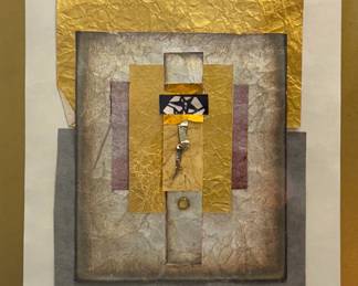 Unknown Artist, Collage - Yellow & Gold | Yellow and gold papers of various forms, materials and textures arranged onto a canvas as a collage.
Mixed media collage
Framed (gold) and matted (white)
Signed by artist (lower right): [indistinguishable]
Titled by artist: N/A
Numbered by artist: N/A -  h. 21.5 x w. 18 in (Frame)


