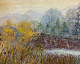 Nancy G. Toepfer (American, 1932-2024) | Landscape scene depicting a body of water surrounded by tall grasses and trees, with mountains in the background.
- h. 18 x w. 22 in (Frame)
Oil painting
Framed (gold ornate)
Signed by artist: N/A
Titled by artist: N/A
Numbered by artist: N/AOil Painting - Mountain Landscape |