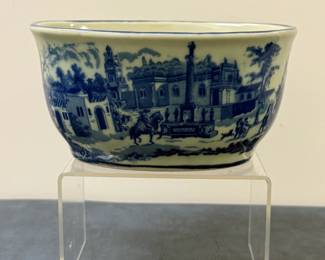 Victoria Ironstone Bowl | Victoria Ironstone (Staffordshire, England) bowl, features a blue-and-white design depicting a village scene. - h. 3.5 x w. 5 x l. 6.5 in
