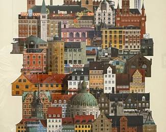 Martin Schwartz (Danish, 1974-) Illustration - "Kobenhavn" | Illustration that depicts the city's skyline as a conglomerate of its many diverse and iconic buildings.
Illustration
Framed (black) and matted (white) 
Signed by artist: N/A
Titled by artist: "KOBENHAVN," or Danish for "Copenhagen"
Numbered by artist: N/A -  h. 33.5 x w. 26 in (Frame)
Provenance: