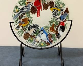 (2pc) Glass Dinner Plate - "Festive Birds" | Vintage (1998-2002) "Festive Birds" by Peggy Karr glass dinner plate, featuring painted pinecones and pine branches, with brightly colored North American birds, such as the Cardinal, Blue Jay, Goldfinch and more. - w. 11 in