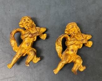 (2pc) Giltwood Cherub Figurines | Vintage giltwood cherub figurines, each playing a violin.