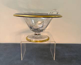 (2pc) Glass Serving Bowl with Gold Trim | Vintage glass serving bowl with a matching ladle, featuring a clear glass body with a cobalt blue and gold trim around the rim and base. - h. 4 x w. 6.5 in