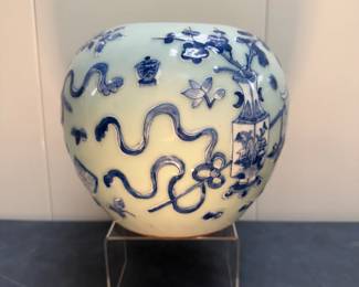 Chinese Porcelain Ginger Jar - Blue & White | (Possibly antique, 1900s) Chinese porcelain ginger jar, or "guan," featuring an ovoid shape with a high shoulder and rounded belly, as well as blue and white patterns and symbols. -  h. 7.5 x w. 7.5 in