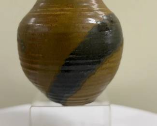 Studio Pottery - Drip Glaze Style Vase | Studio pottery vase with a brown glaze, accented by a dark, blackish-brown drip glaze over the top. Associated with "Nick Griffen."