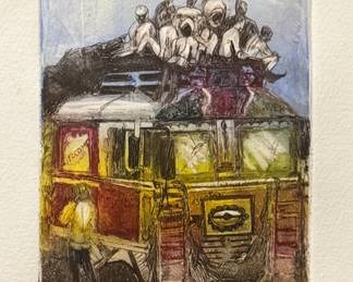 Brooke Bulovsky Cameron (American, 1941-), Sketch - "Road to Agra" | Scene of a colorful bus with people in white dress seated together on the roof.
Sketch
Framed (silver) and matted (gray)
Signed by artist: "Brooke Bulovsky Cameron, 2002"
Titled by artist (bottom left): "Road to Agra"
Numbered by artist (bottom center): "XI/XXIV" or "11/24" - h. 11.5 x w. 10.5 in (Frame)