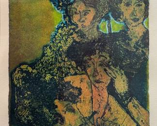 Ben Cameron (American, 1940-2021) Painting - "La Femme aux Cigarette" | Abstract portrait painting of a French woman holding a cigarette. 
Painting
Framed (gold) and matted (white)
Signed by artist (lower right): "Ben Cameron"
Titled by artist (lower left): "La Femme aux Cigarette," in French meaning, "The Woman with the Cigarette" 
Numbered by artist (lower center): "A/P" = "Artist's proof," reserved for the artist's personal use. -  h. 19 x w. 16 in (Frame)