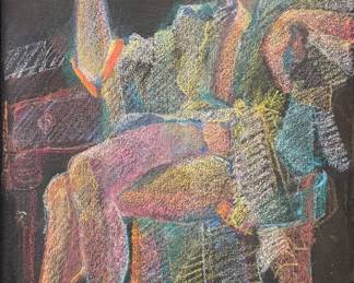Unknown Artist, Pastel - "Lonely Spaces, Holy Places" | Abstract, colorful portrait of a woman sitting in a chair, with her bare legs crossed under her multi-colored robe. 
Pastel drawing
Canvas-backed
Signed by artist (bottom right): [indistinguishable]
Titled by artist: N/A
Numbered by artist: N/A - h. 17 x w. 13 in (Frame)