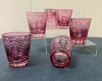 (6pc) Nachtmann (Germany) "Traube" Cranberry Glasses | Vintage Nachtmann (Germany)"Traube" ("grape" or "cluster of grapes" in German) cranberry-colored old-fashioned glasses with ornate cut design, made of lead crystal.  - h. 3.5 x w. 3 in