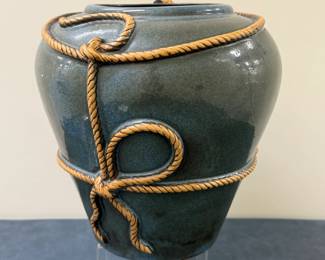Korean Black Earthenware Vase | Large Korean black earthenware vase, featuring embossed palm or banana leaves with rope detailing. - h. 10.5 x w. 9.5 in