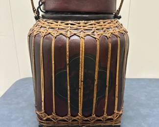 Burmese / Thai Bamboo Rice Basket | Vintage (1940s) Burmese or Northern Thai lacquered bamboo rice basket, traditionally used for storing rice and other dry food goods, which features a lidded top and hand-woven bamboo basket and carrying handle.  - h. 17 x w. 12 x d. 11 in