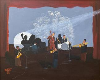 Unknown Artist, Oil Painting - "Jazz Band" | American folk art-inspired scene depicting a jazz band on stage, presumably mid-concert.
Oil painting
Framed (black)
Signed by artist (lower left): "PRIDDY '98"
Titled by artist: N/A
Numbered by artist: N/A - h. 21.5 x w. 25.5 in (Frame)