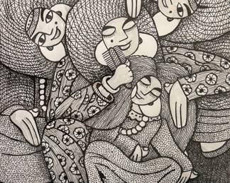 Hassan El-Shark (Egyptian, 1949-2022) Print - "Combing Out the Lice" | Black and white drawing of three women huddled around one another, combing the hair of a young girl. 
Pen and ink
Framed (black frame) and matted (white)
Signed by artist (lower right): [name in Arabic] "1998"
Titled by artist: N/A
Numbered by artist: N/A