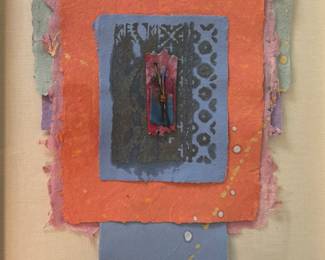 Priscilla Robinson (American, 1948) Collage - "Nebo XXI" | Papers of various colors, forms, materials and textures arranged onto a canvas as a collage.
Mixed media collage
Framed (wood)
Signed by artist: N/A
Titled by artist: "Nebo XXI"
Numbered by artist: N/A - h. 31 x w. 18.5 in