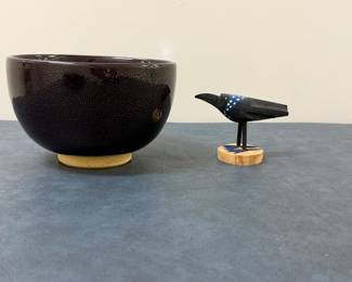 M/T Begay, Navajo Folk Art - "Raven" | Navajo folk art hand-carved wooden raven, carved from cottonwood and painted black to resemble the bird wearing a polka-dotted blue bandana around its neck. Signed on bottom "M/T Begay,"  known Navajo Nation folk artists.