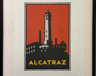 Michael Schwab (American, 1952-) - "Alcatraz" | Illustration of Alcatraz, an island located in San Francisco Bay, California, known for its high security prison. 
Print
Framed (black) and matted (white) 
Signed by artist (lower right): "Copyright 1995 Michael Schwab Studio"
Titled by artist (lower center): "Alcatraz" from a series of posters for the Golden Gate National Parks
Numbered by artist: N/A - h. 36.5 x w. 29.5 in (Frame)