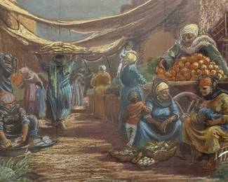 Unknown Artist, Oil Painting - "Market" | Cultural scene of a market, possibly in the Middle East or Egypt, with vendors selling goods and interacting. 
Oil painting
Framed (gold) and matted (cream-colored)
Signed by artist (lower right): "JAY" in pencil
Titled by artist: N/A
Numbered by artist: N/A - h. 24 x w. 30.5 in (Frame)
