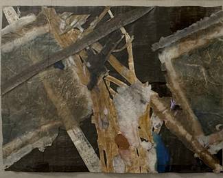 Liliane Karnouk (Egyptian-Canadian, 1944-) Collage - "Forest Floor" | Abstract collage inspired by the natural debris of the forest floor in the Pacific Northwest, United States.
Mixed media/Collage
Framed (gold) and matted (white) 
Signed by artist: N/A
Titled by artist: N/A
Numbered by artist: N/A - h. 20.5 x w. 24 in (Frame)