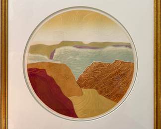 Clare Romano (American, 1922-2017) - "Golden Canyon" | Abstract creation of a scenic view over the Grand Canyon, bathed in the soft yellow light of morning. 
Original collagraph (textured plate)
Framed (wood) and matted (white)
Signed by artist (lower right): "Clare Romano"
Titled by artist (lower center): "Golden Canyon"
Numbered by artist (lower left): "Artist's proof," which was reserved for the artist's personal use. - h. 21.5 x w. 21.5 in (Frame)