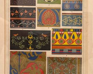 (2pc) Owen Jones (English, 1809-1874) Prints - "The Grammar of Ornament" | elections from "The Grammar of Ornament" by Owen Jones, published in 1856, in which Jones prepared a comprehensive analysis of styles of ornamental design, presenting key examples ranging from Egyptian columns and Greek borders to Byzantine mosaic, Indian embroidery, and Elizabethan carvings. Two selections include:
"POLYCHROME ORNAMENTE I. 1895" depicts various examples of patterns and designs of "many colors" (polychrome), showing ornamentation from Greek, Egyptian, Assyrian, Arabic and Byzantine styles. 
"GLASMALERE I .1894," German for "Stained Glass" depicts various examples of stained glass designs, showing stained glass windows of the Cologne Dom in Cologne, Germany and the Saint Paul Church in Aachen, Germany.