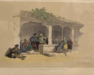 David Roberts (Scottish, 1796-1864) - "The Coffee Shop of Cairo" | Scene of a bustling coffee shop in Cairo, Egypt with Egyptian men in conversation and drinking coffee.
Original hand-colored lithograph 
Framed (gold frame) and matted (cream-colored)
Signed by artist (lower right): "David Roberts" in pencil
Titled by artist (lower center): "The Coffee Shop of Cairo, 1855"
Numbered by artist: "8/21"