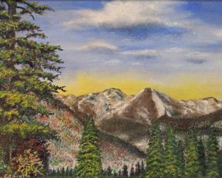 Eugene Herman Gillet (American, 1866-1953), Oil Painting - "Mountains" |Scenic painting of a landscape, featuring snow-capped mountains, evergreen trees, and a yellow-hued sky.
Oil on canvas painting
Framed (gold)
Signed by artist (lower left): "E. H. Gillet"  or "Eugene Herman Gillet"
Titled by artist: N/A
Numbered by artist: N/A -  h. 17.5 x w. 21.5 in