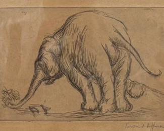 After Rembrandt Van Rjin (Dutch, 1606-1669) - "An Elephant" | Black and white sketch of the posterior of an elephant, similar to the style of Rembrandt's work, "An Elephant," in which he captured the essence of famous Asian elephant named "Hansken," who toured Europe in the 17th century.
Sketch
Framed (black) and matted (cream-colored)
Signed by artist (bottom right): [indistinguishable]
Titled by artist: N/A
Numbered by artist: N/A - h. 10 x w. 12.5 in (Frame)
