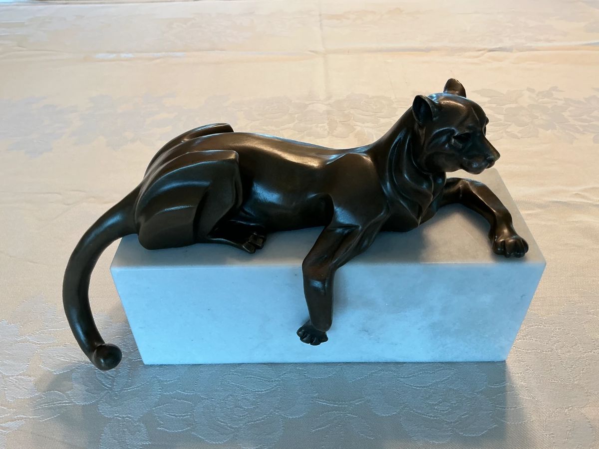 French Art Deco Bronze Panther on Marble.  Stamped and artist signed.
