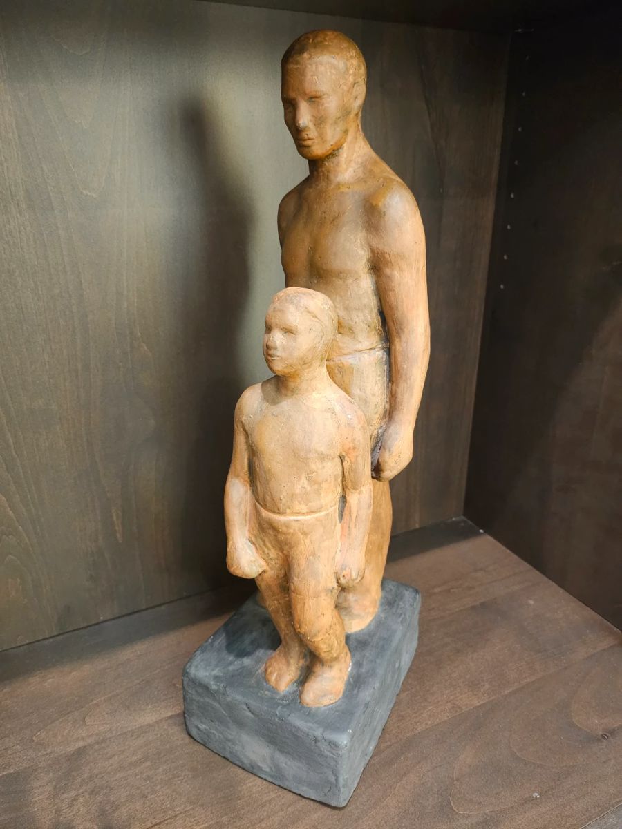 Zsigmond Strobl Kisfaludi 's "Father and Son" terracotta statue: original model for his public art at the Budapest Children's Railway (also known for the Hungary "Liberty Statue" on Castle Hill).   Certificate of Authenticity included. 