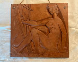 Terracotta Wall Hanging of nude woman, by noted Hungarian artist Janos Kis Pandi.  