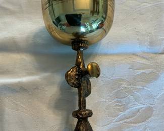 Brass-over-bronze artist designed chalice, with jewels, from Hungary, 1950's-60's.  Brutalist. Renowned artist.