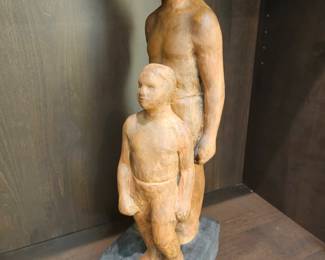 Zsigmond Strobl Kisfaludi 's "Father and Son" terracotta statue: original model for his public art at the Budapest Children's Railway (also known for the Hungary "Liberty Statue" on Castle Hill).   Certificate of Authenticity included.