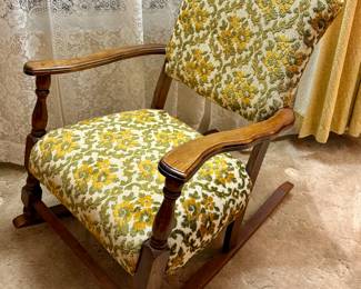 Vintage Wood Upholstered Rocking Chair.