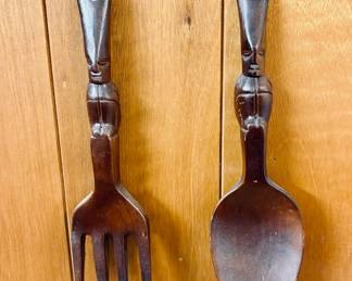 Wood Oversized Decorative Fork and Spoon