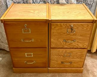 Vintage Two Drawer Oak Locking Filing Cabinets With Key. (2)